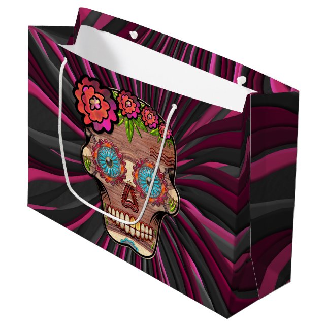 Carved-wood-look sugar skull w/ Floral Crown Large Gift Bag (Front Angled)