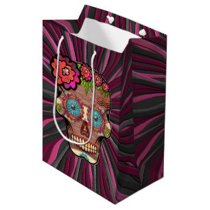 Carved-wood-look sugar skull w/ Floral Crown Medium Gift Bag