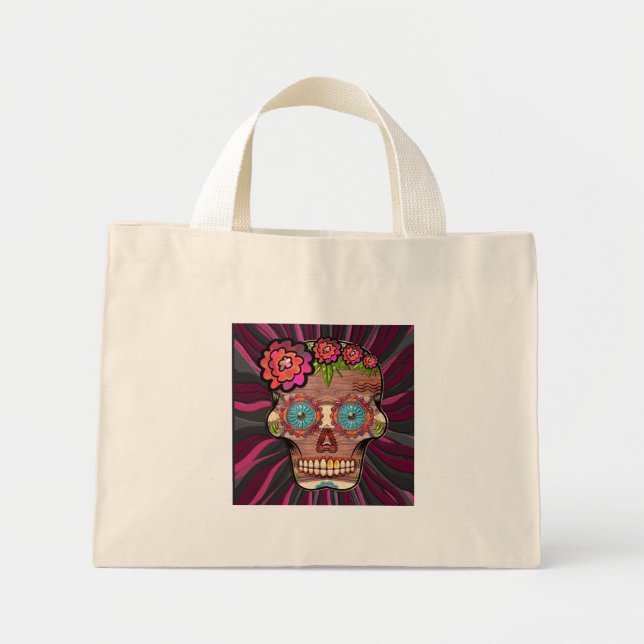 Carved-wood-look sugar skull w/ Floral Crown Mini Tote Bag (Front)