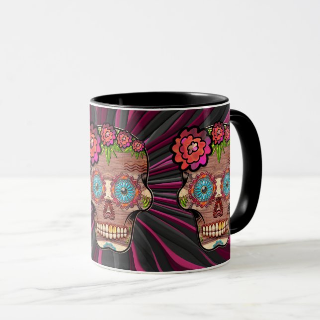 Carved-wood-look sugar skull w/ Floral Crown Mug (Front Right)