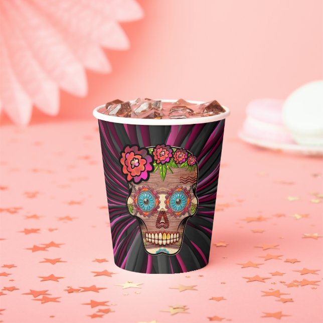 Carved-wood-look sugar skull w/ Floral Crown Paper Cups (Insitu)