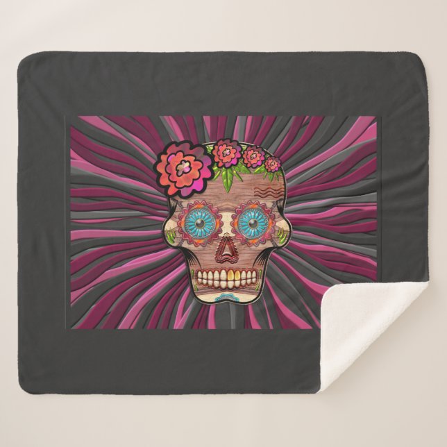 Carved-wood-look Sugar Skull w/ Floral Crown  Sherpa Blanket (Front (Horizontal))