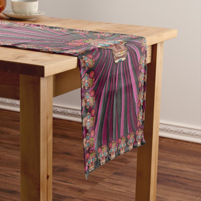 Carved-wood-look sugar skull w/ Floral Crown Short Table Runner (In Situ)