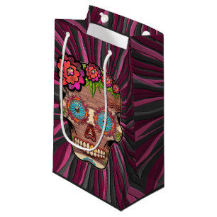 Carved-wood-look sugar skull w/ Floral Crown Small Gift Bag