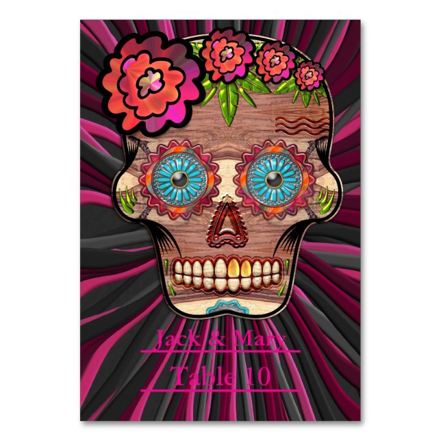 Carved-wood-look sugar skull w/ Floral Crown Table Number (Front)