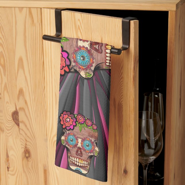 Carved-wood-look sugar skull w/ Floral Crown Tea Towel (Thirds Fold)