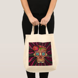Carved-wood-look sugar skull w/ Floral Crown Tote Bag