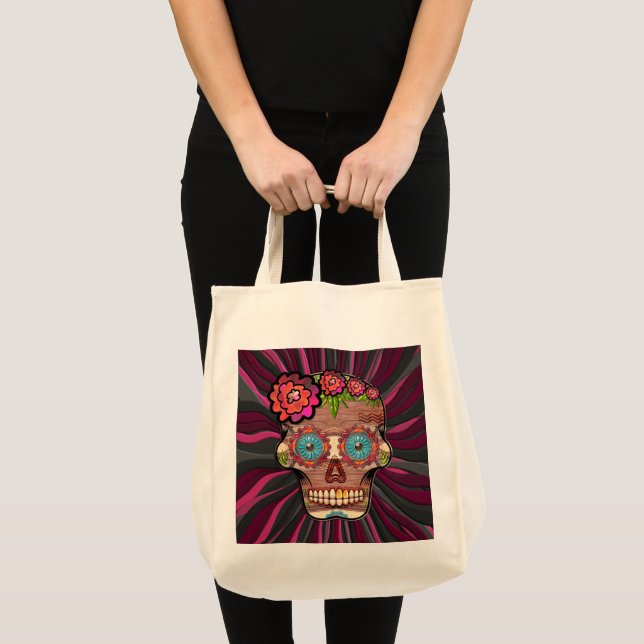 Carved-wood-look sugar skull w/ Floral Crown Tote Bag (Front (Product))