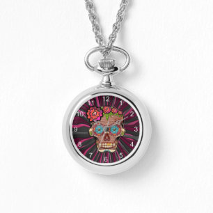 Carved-wood-look sugar skull w/ Floral Crown Watch