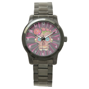 Carved-wood-look sugar skull w/ Floral Crown Watch