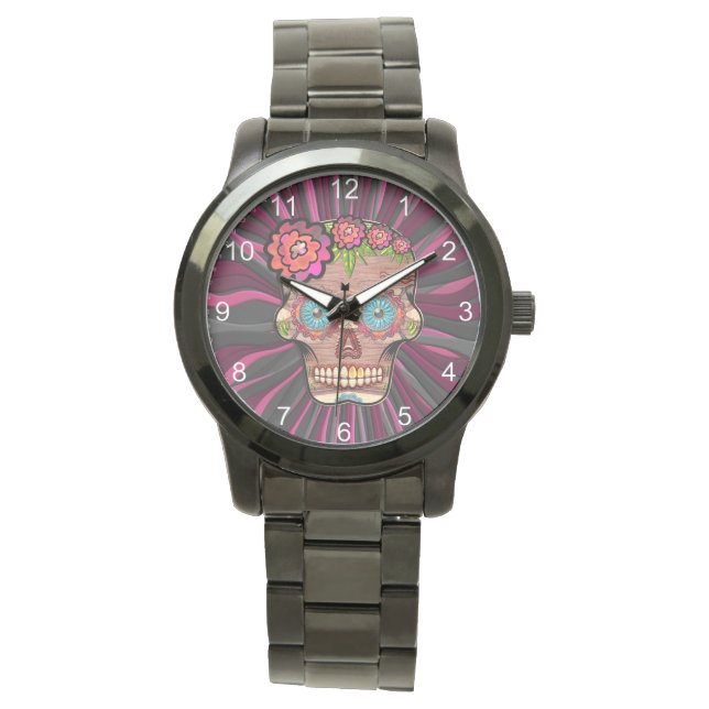 Carved-wood-look sugar skull w/ Floral Crown Watch (Front)