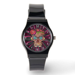Carved-wood-look sugar skull w/ Floral Crown Watch