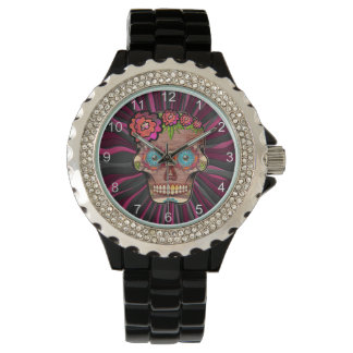 Carved-wood-look sugar skull w/ Floral Crown Watch