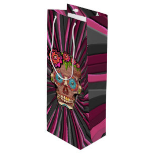 Carved-wood-look sugar skull w/ Floral Crown Wine Gift Bag
