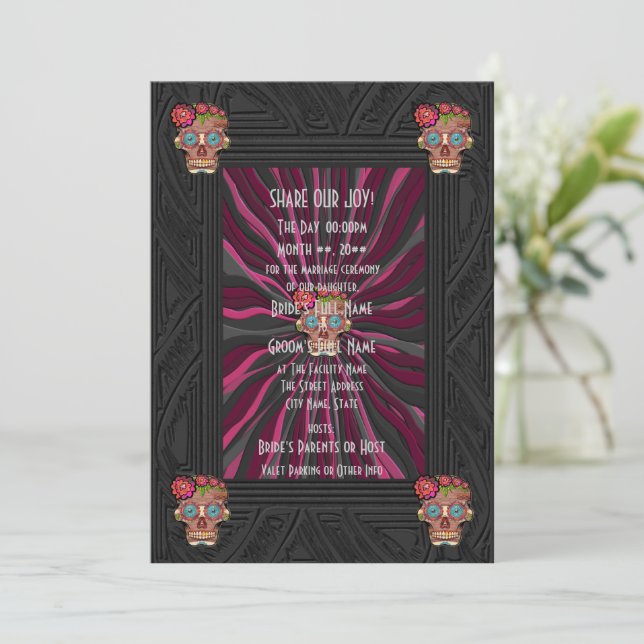 Carved-wood-look sugar skull w/ Floral Crowns Invitation (Standing Front)