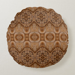 Carved wood wall closeabstract, ancient, antique,  round cushion