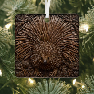Carved Wooden Australian Echidna Print, Metal Tree Decoration
