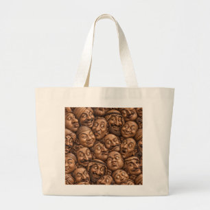 Carved Wooden Faces Vintage Boho Pattern Large Tote Bag