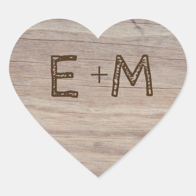Carved Wooden Heart Rustic Initials Wedding Heart Sticker (Front)