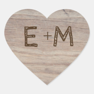 Carved Wooden Heart Rustic Initials Wedding Sticker