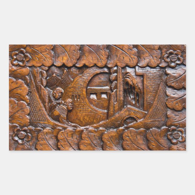 Carved wooden oriental look rectangular sticker (Front)