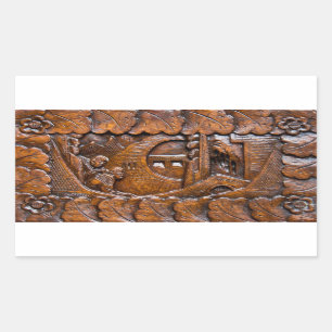 Carved wooden oriental look rectangular sticker