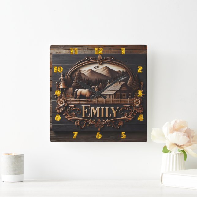 Carved Wooden Sign of Emily at Country Farm Square Wall Clock (Home)