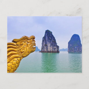 Carving of Dragon, on bow of boat, with Postcard