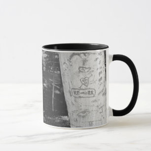 Carving on birch tree trunk B&W Mug