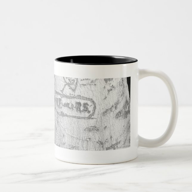 Carving on birch tree trunk B&W Two-Tone Coffee Mug (Right)