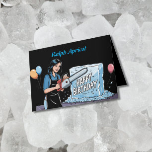 Carving with chainsaw in ice birthday card