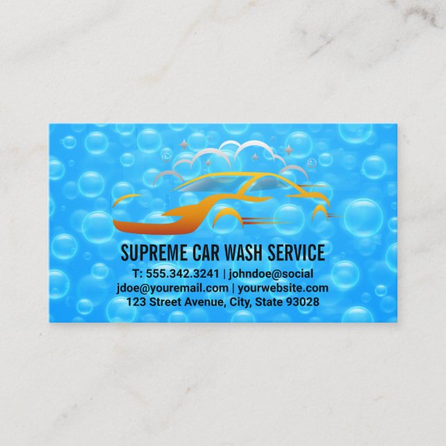 Carwash Blue Soap Bubbles Logo | Car Cleaning Logo Business Card (Front)