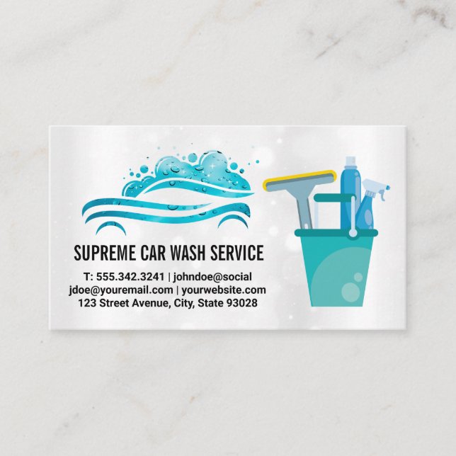 Carwash Logo | Water Drops | Cleaning Tools Business Card (Front)