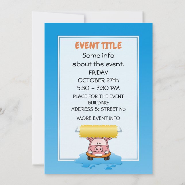 Carwash Pig Cartoon Invitation (Back)
