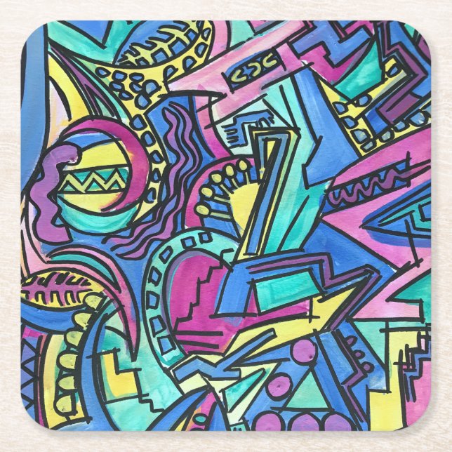 Casa Mia-Hand Painted Abstract Art Square Paper Coaster (Front)