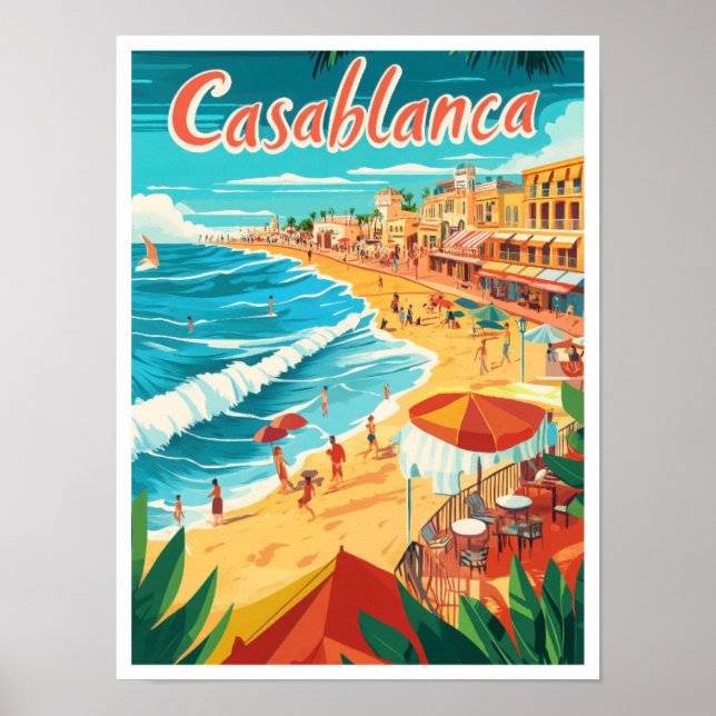 Casablanca Morocco Art Vintage Travel Illustration Poster (Front)