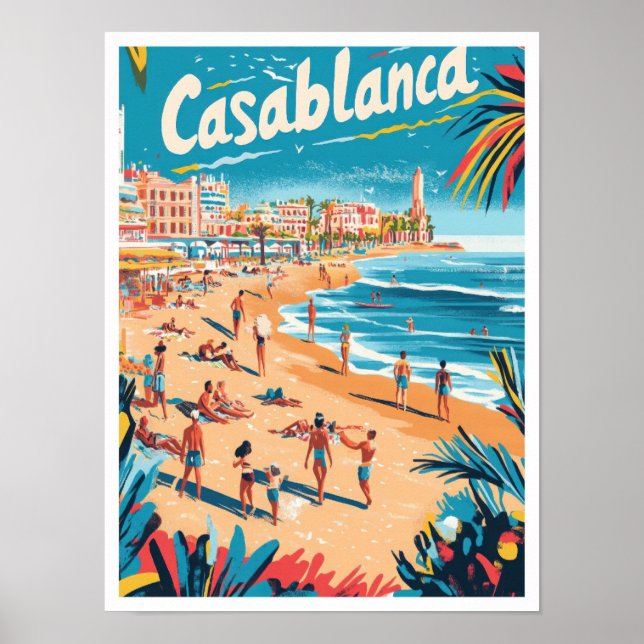 Casablanca Morocco Art Vintage Travel Illustration Poster (Front)