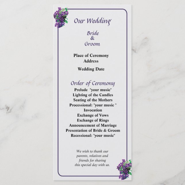 Cascade of Clematis Wedding Program Programme (Front)