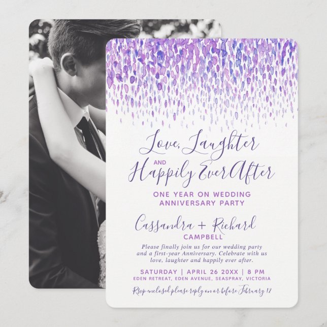 Cascade purple watercolor 1 year on wedding party invitation (Front/Back)