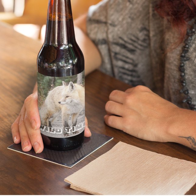 Cascade Red Fox Wildlife Photo Personalised Beer Bottle Label (In Situ)