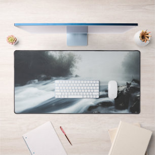 Cascade waterfall on foggy mystical morning desk mat
