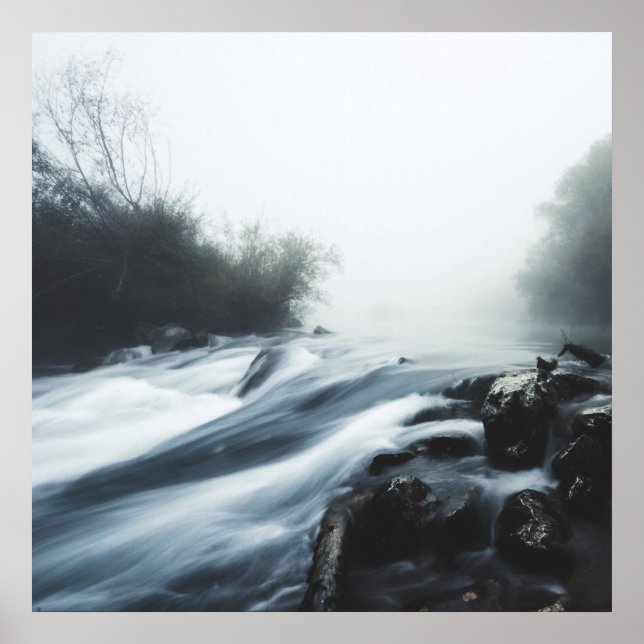 Cascade waterfall on foggy mystical morning poster (Front)