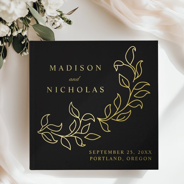 Cascading Black and Gold Foil Leaves Photo Wedding Guest Book (Creator Uploaded)