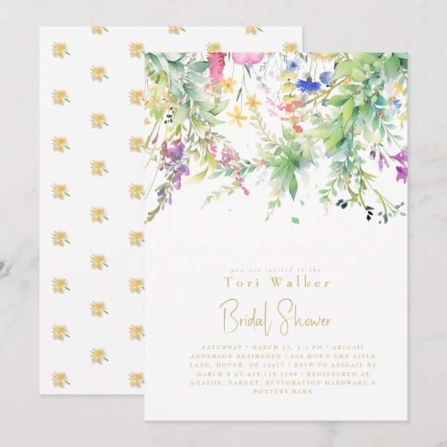 Cascading Boho Yellow Wildflower Bridal Shower  Invitation (Front/Back)
