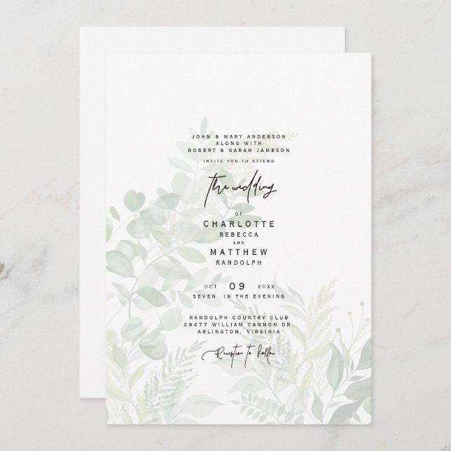 Cascading Botanical Watercolor Greenery Wedding Invitation (Front/Back)
