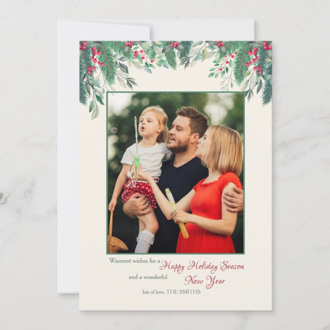 Cascading Branches and Berries Photo Holiday Card (Front)