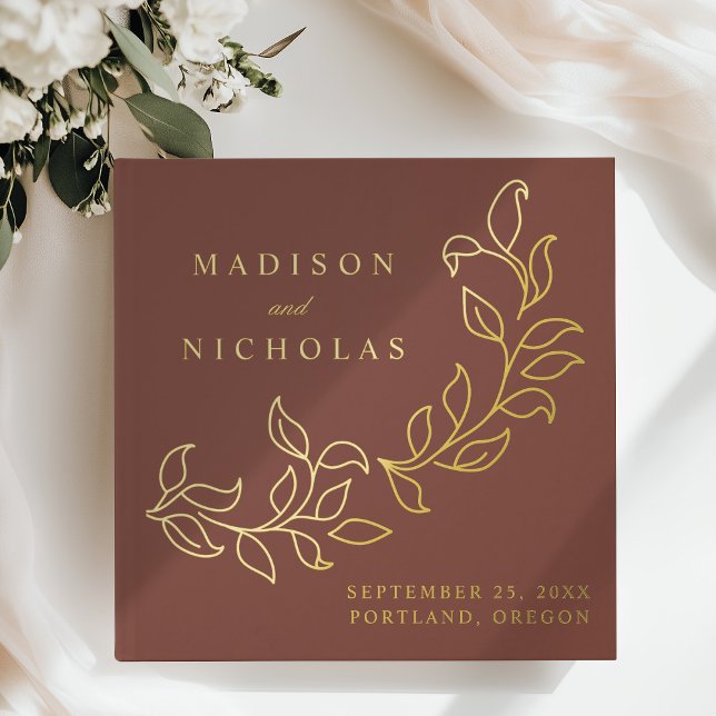 Cascading Brown and Gold Foil Leaves Wedding Guest Book (Creator Uploaded)
