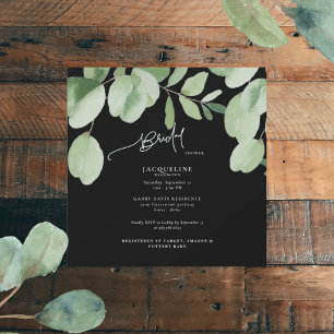 Cascading Eucalyptus Black Bridal Shower Square Invitation