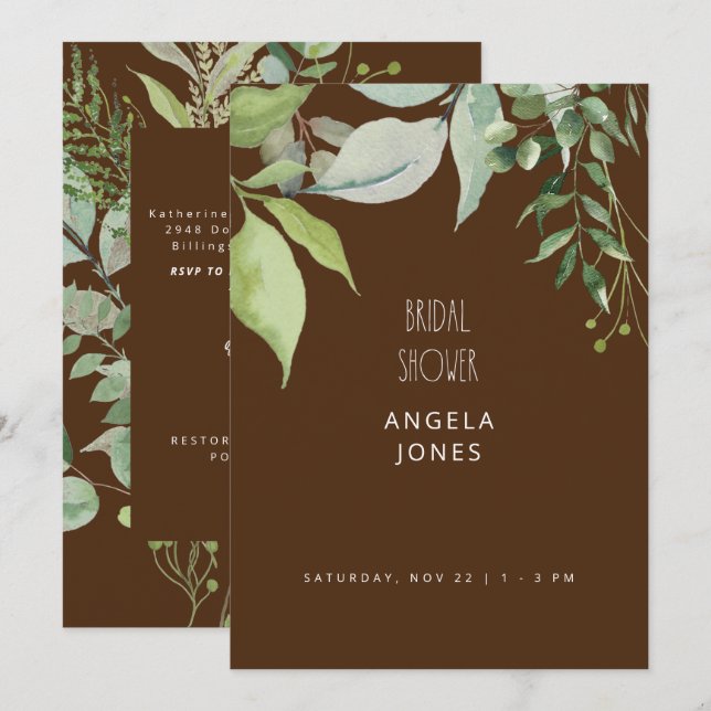  Cascading Eucalyptus Brown Bridal Shower  Invitation (Front/Back)