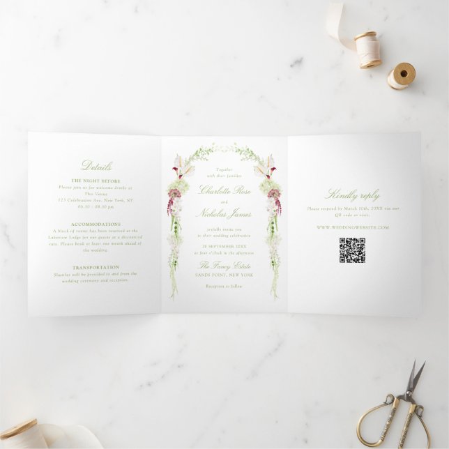 Cascading Floral Monogram Crest All-in-one Wedding Tri-Fold Invitation (Inside)